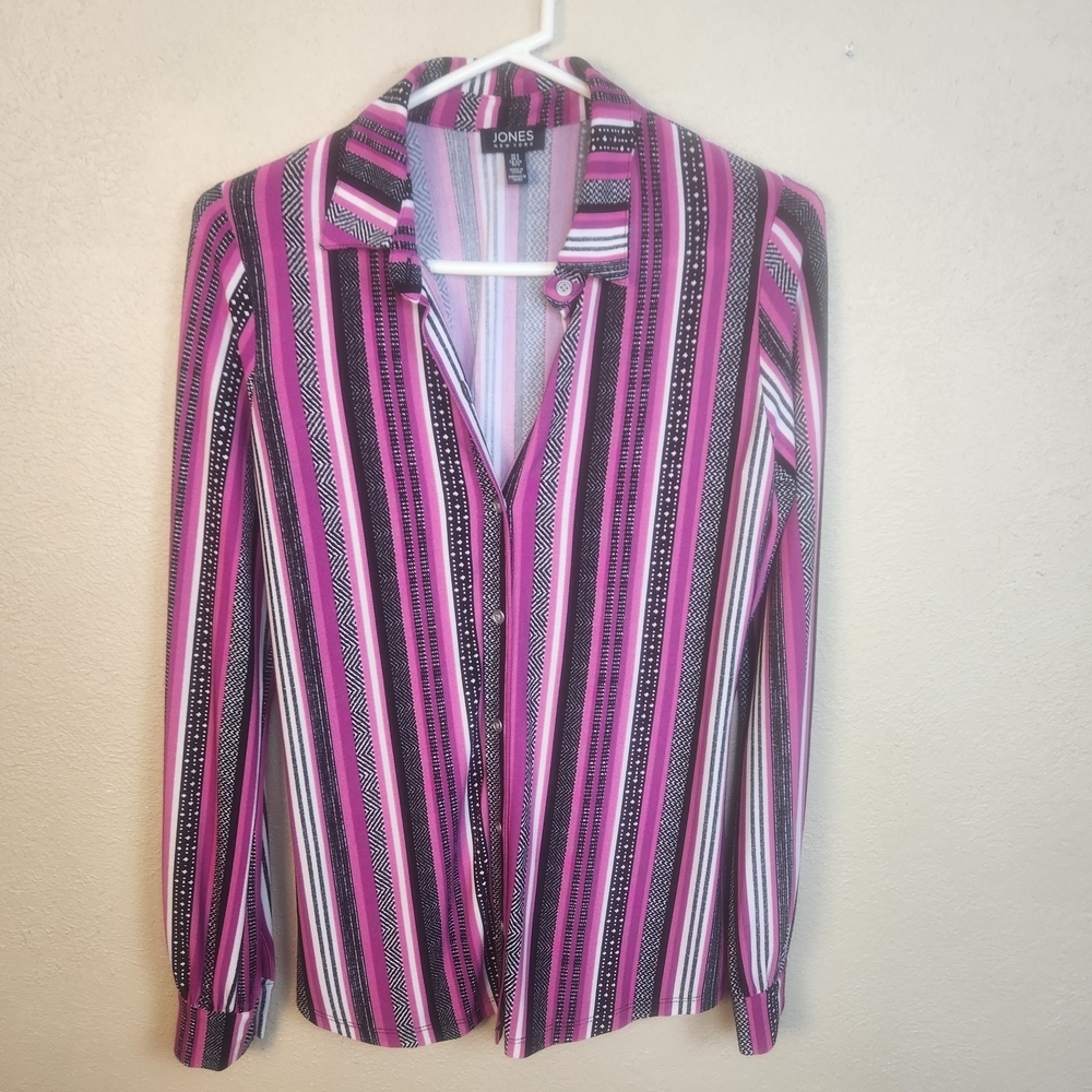 Jones New York Pink White Black  Striped Shirt Small (5853)